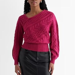 Express Womens Cable Knit Asymmetrical Long Sleeve Sweater Bright Fuchsia XS